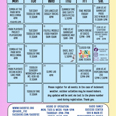 Oasis Family Success Center June 2026 Events Calendar